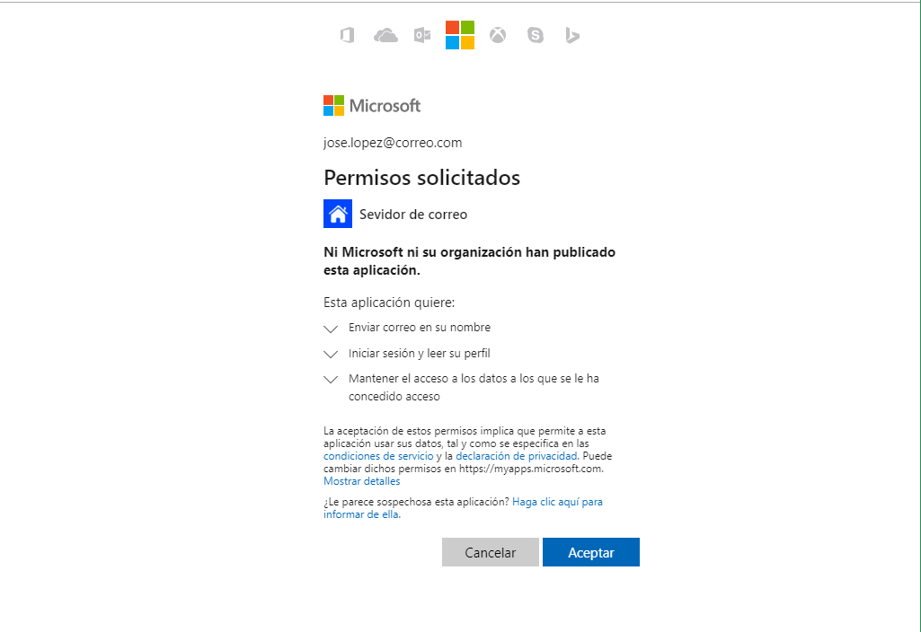 Foto de los permisos necesarios para Outlook.