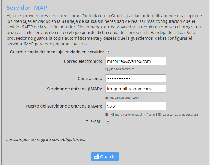 Imagen con los datos de IMAP de Yahoo.