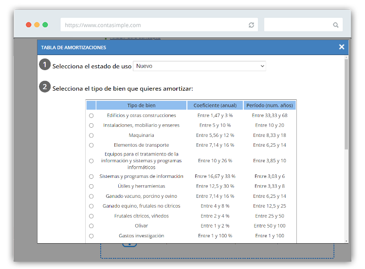 Seleccionar tipo de bien de inversión