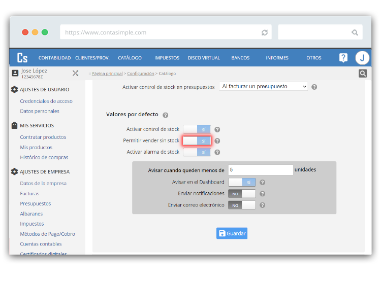 Permitir vender sin stock