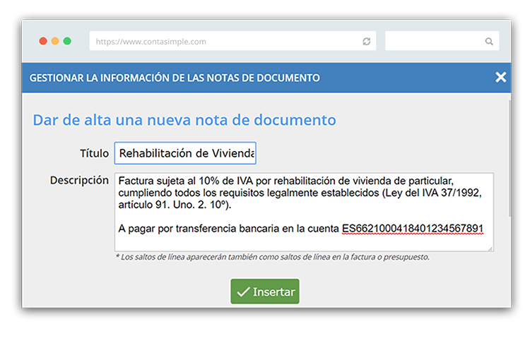 Cómo crear notas en factura construcción