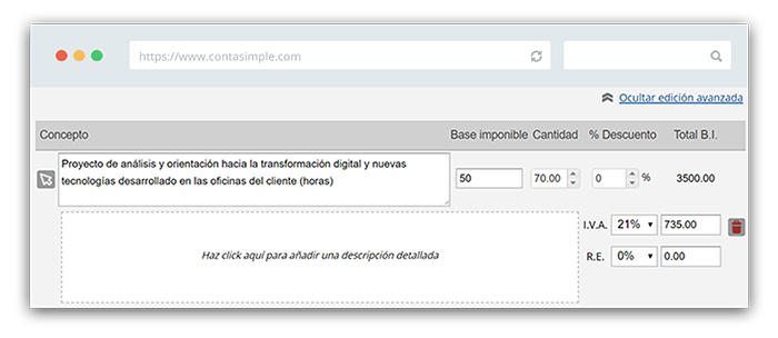 Descripción concepto factura consultores