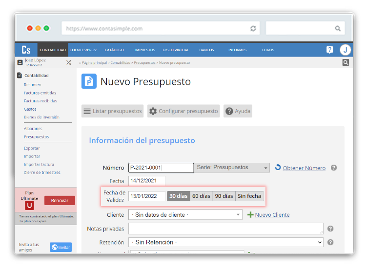 Fecha validez presupuesto