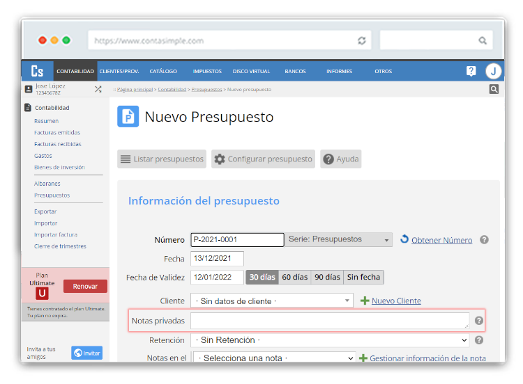 Notas privadas presupuestos
