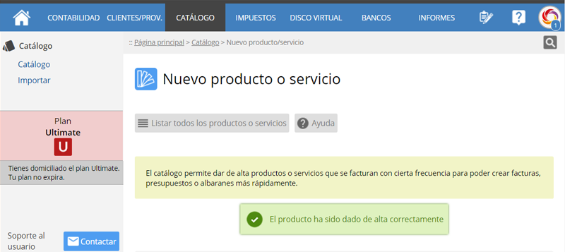 Alta de producto correcta