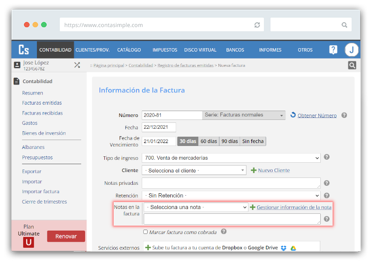 Notas en la factura