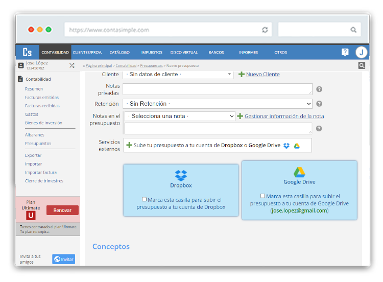 Sincronización de presupuestos con Google Drive y Dropbox
