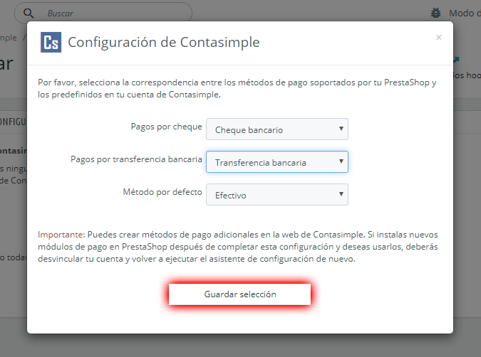 Seleccionar los métodos de pago correspondientes entre PrestaShop y Cegid Contasimple