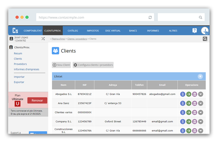 Llistat de clients del programa CRM de gestió de clients d'autònoms i empreses
